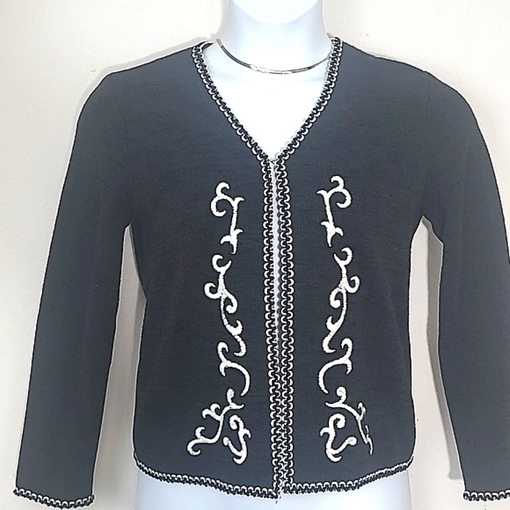 db Collection Black White Embroidered Blazer Hook Eye Closure Small Petite Vinta